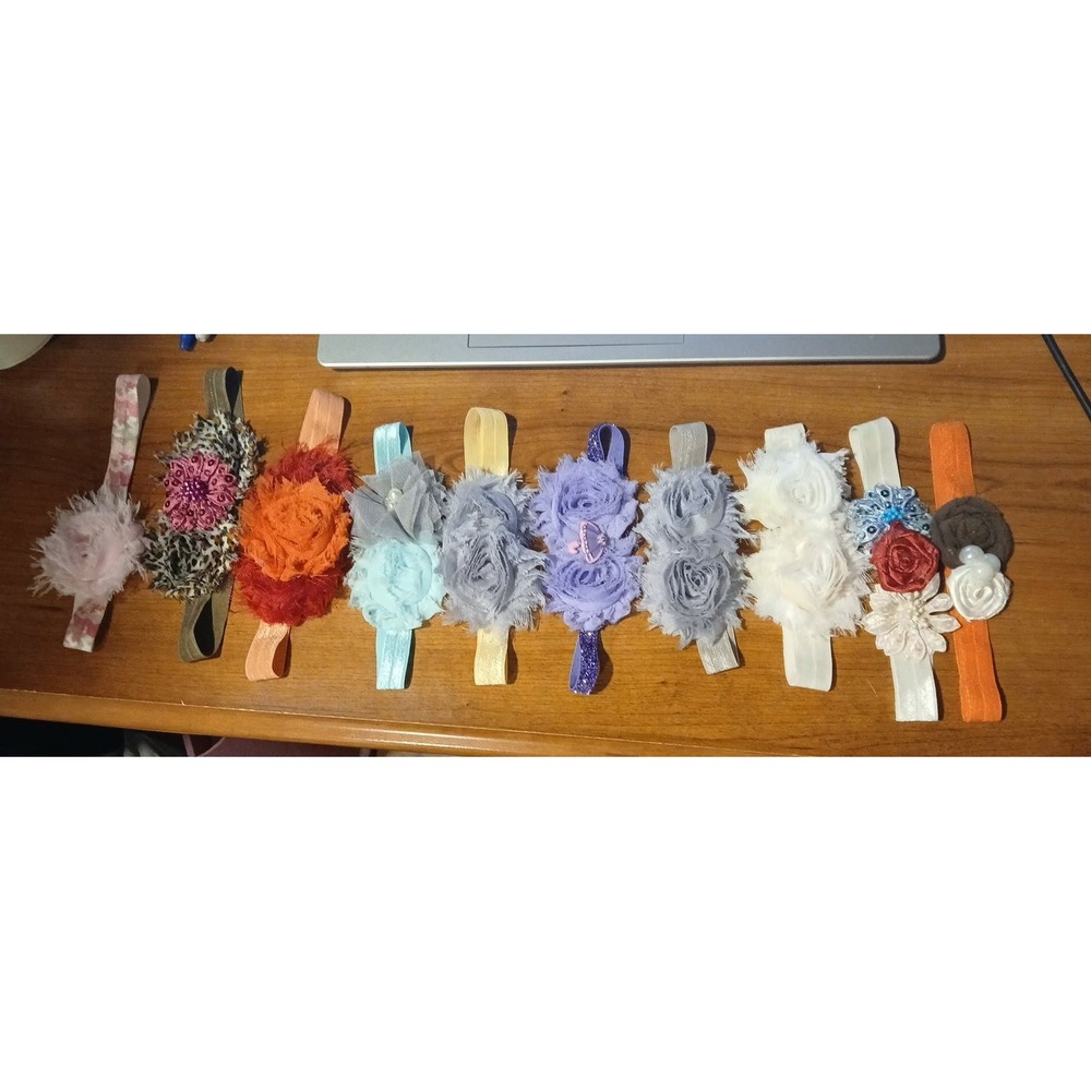 Lot of 10 Handmade Baby Headbands Floral Rosette Elastic Hairbows Multicolor